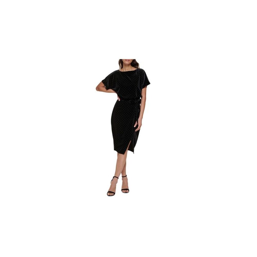 KENSIE DRESSES Womens Black Belted Studded Lined Short Sleeve Sheath Dress XS